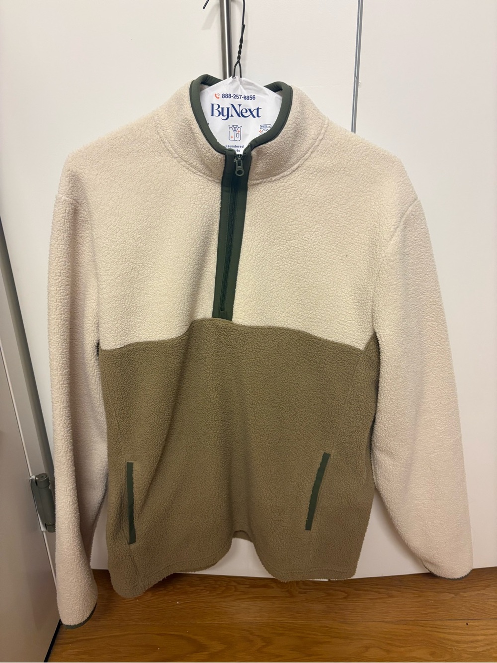 Two-Tone Cream and Olive Quarter-Zip Fleece Pullover